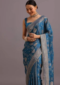 Blue Satin Silk Zari Woven Saree With Brocade Border