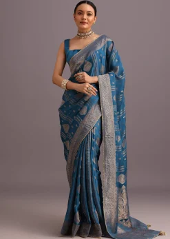 Blue Satin Silk Zari Woven Saree With Brocade Border