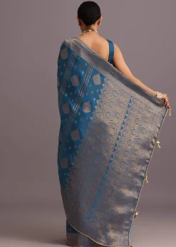 Blue Satin Silk Zari Woven Saree With Brocade Border