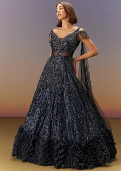 Blue Sequin Embroidered Gown With Tassel Detailing