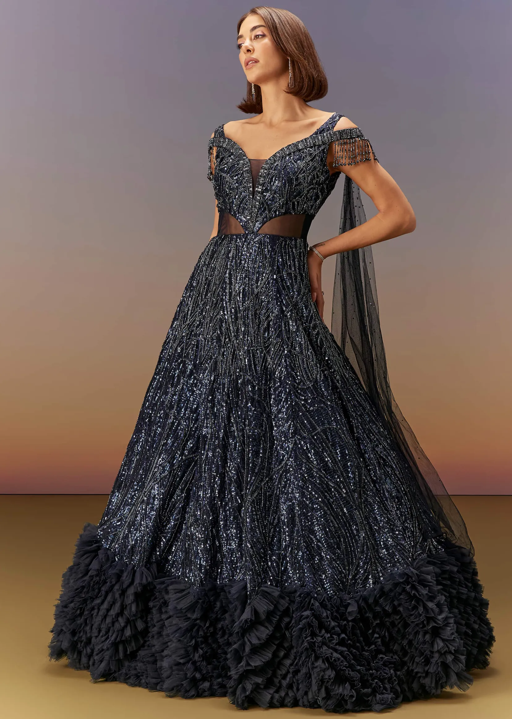 Blue Sequin Embroidered Gown With Tassel Detailing