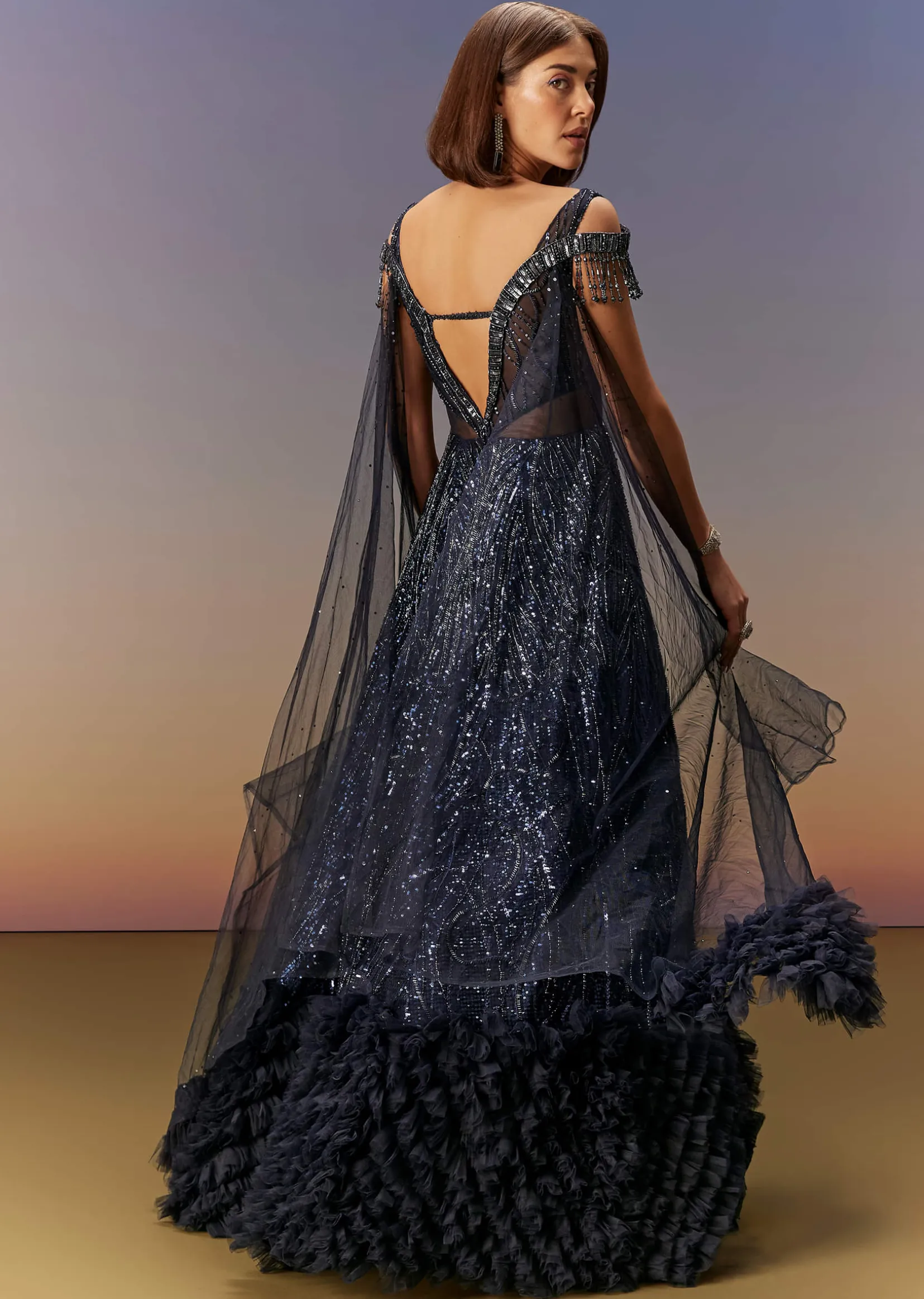 Blue Sequin Embroidered Gown With Tassel Detailing
