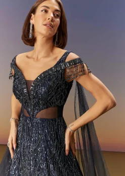 Blue Sequin Embroidered Gown With Tassel Detailing