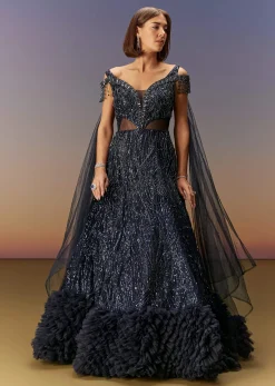 Blue Sequin Embroidered Gown With Tassel Detailing
