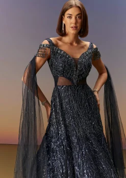 Blue Sequin Embroidered Gown With Tassel Detailing