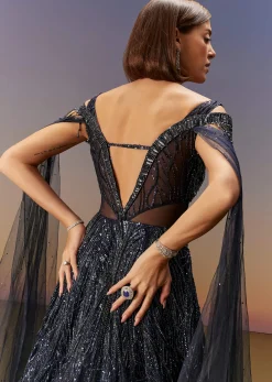 Blue Sequin Embroidered Gown With Tassel Detailing
