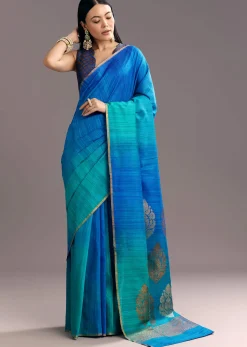 Blue Shaded Kora Silk Handloom Saree With Woven Traditional Motif