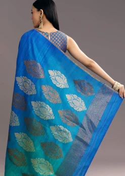 Blue Shaded Kora Silk Handloom Saree With Woven Traditional Motif