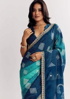 Blue Shaded Muslin Printed Saree With Embellishments