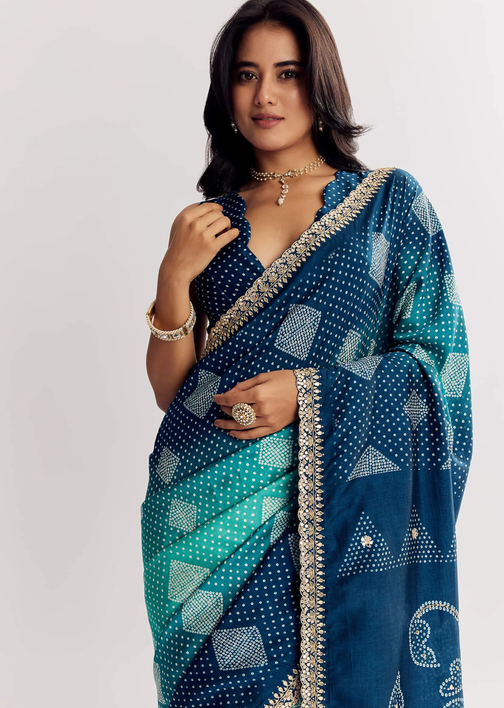 Blue Shaded Muslin Printed Saree With Embellishments