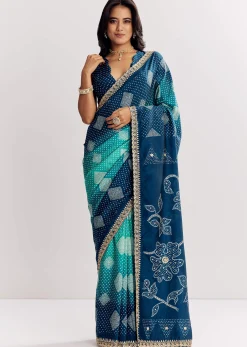 Blue Shaded Muslin Printed Saree With Embellishments