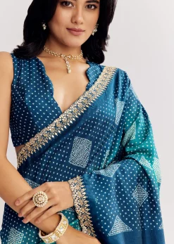 Blue Shaded Muslin Printed Saree With Embellishments