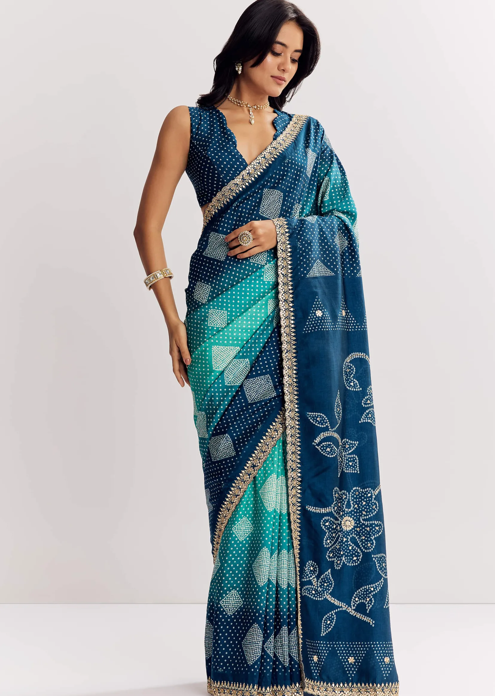 Blue Shaded Muslin Printed Saree With Embellishments