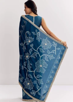 Blue Shaded Muslin Printed Saree With Embellishments
