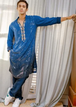Blue Shaded Sequin Zipper Kurta With Navy Blue Pants