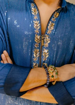 Blue Shaded Sequin Zipper Kurta With Navy Blue Pants