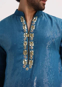 Blue Shaded Sequin Zipper Kurta With Navy Blue Pants