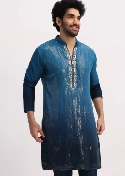 Blue Shaded Sequin Zipper Kurta With Navy Blue Pants