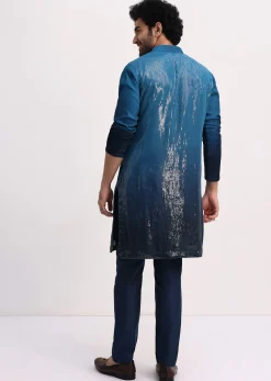 Blue Shaded Sequin Zipper Kurta With Navy Blue Pants