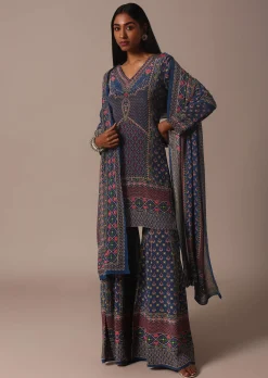 Blue Sharara Set With Printed And Stone Embellished Kurta