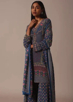 Blue Sharara Set With Printed And Stone Embellished Kurta
