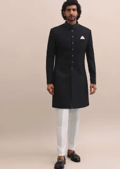 Blue Sherwani With Intricate Embroidered Collar For Men