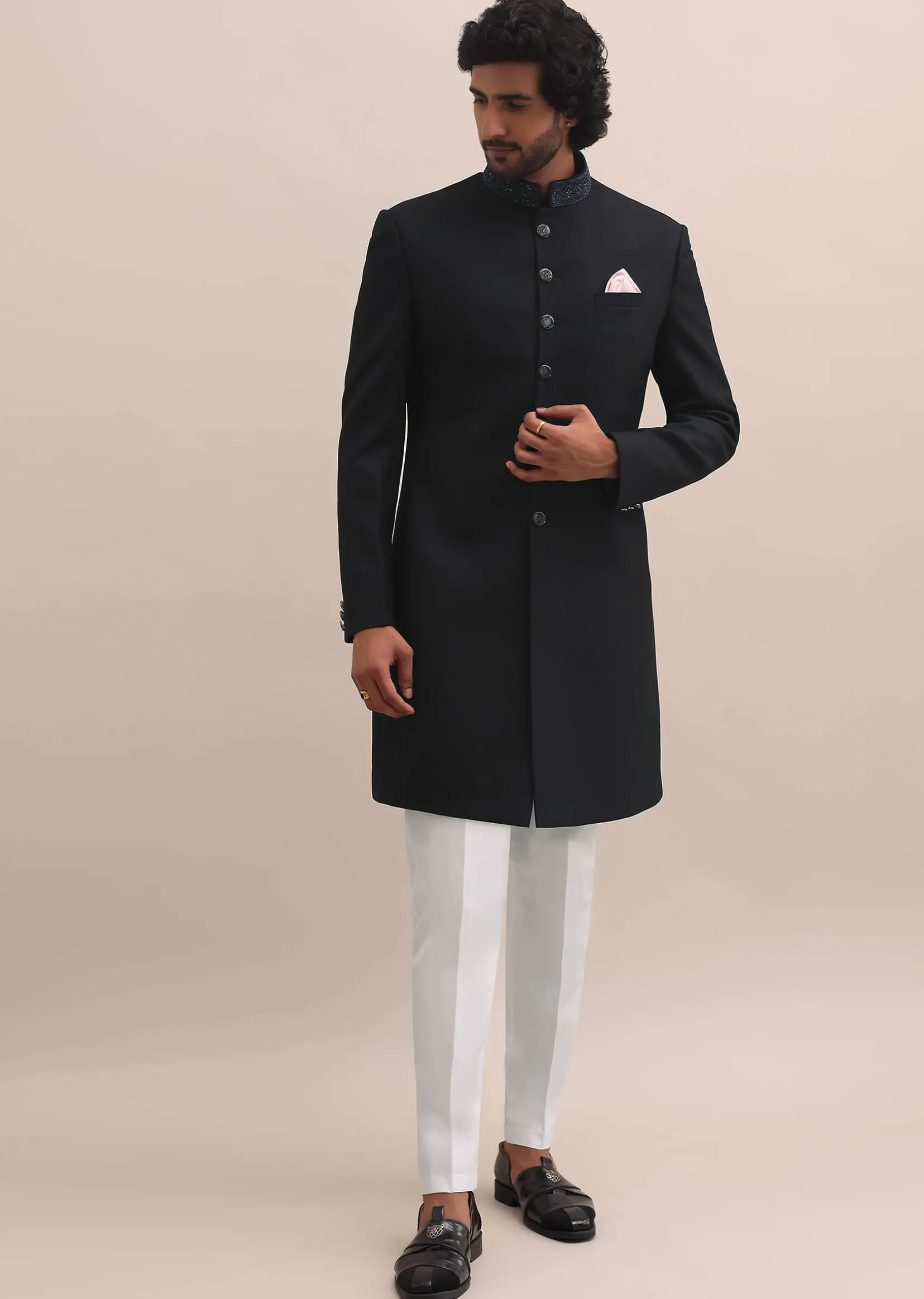 Blue Sherwani With Intricate Embroidered Collar For Men