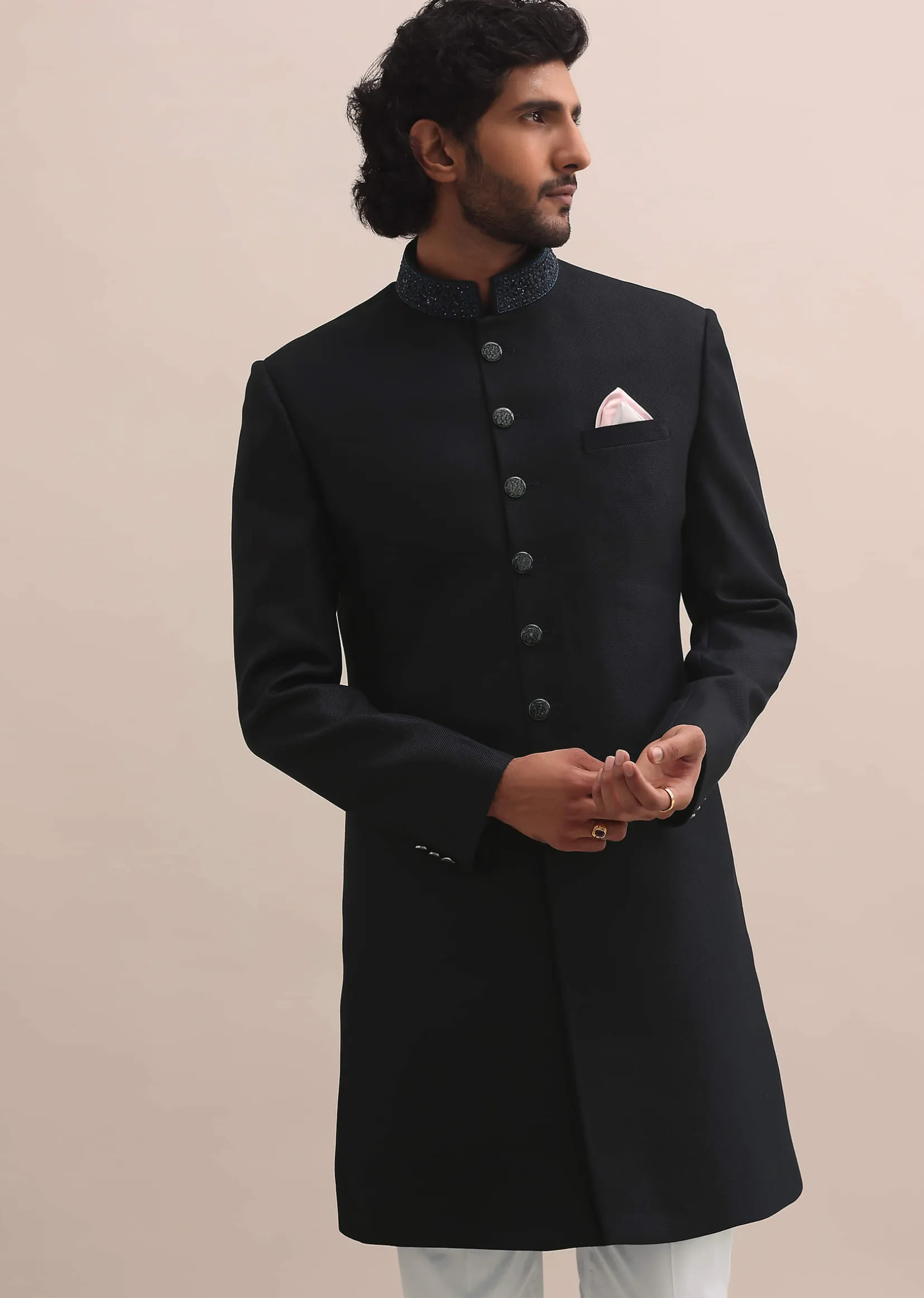 Blue Sherwani With Intricate Embroidered Collar For Men