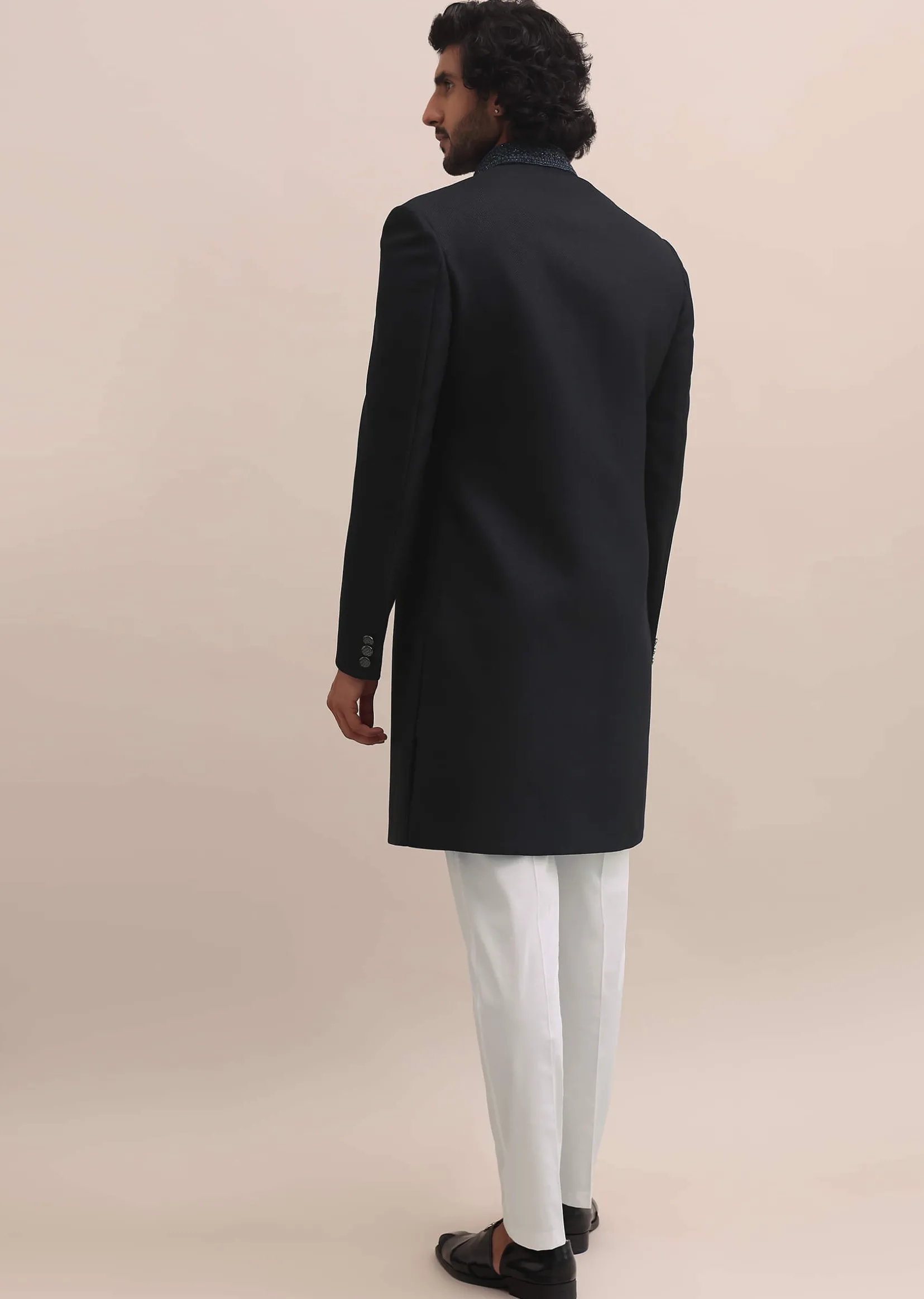 Blue Sherwani With Intricate Embroidered Collar For Men