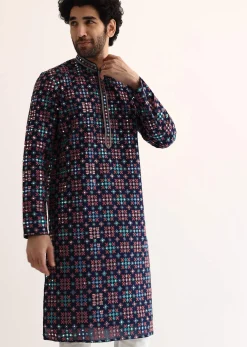 Blue Silk Abla Work Kurta Set For Men