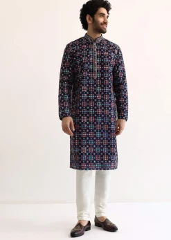Blue Silk Abla Work Kurta Set For Men
