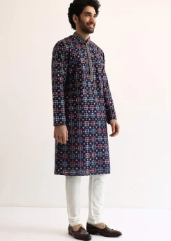 Blue Silk Abla Work Kurta Set For Men
