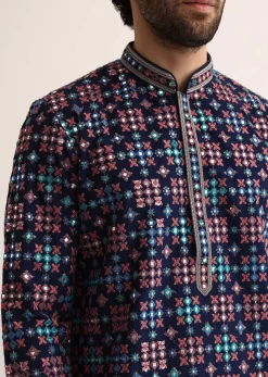 Blue Silk Abla Work Kurta Set For Men