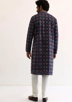 Blue Silk Abla Work Kurta Set For Men