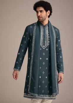 Blue Silk Blend Kurta Dupatta Set With Mirror Work