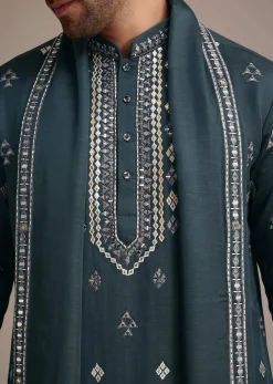 Blue Silk Blend Kurta Dupatta Set With Mirror Work