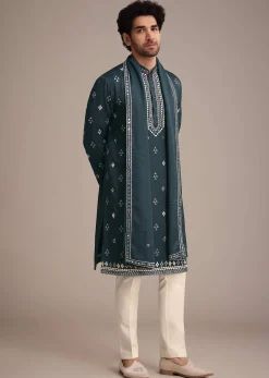 Blue Silk Blend Kurta Dupatta Set With Mirror Work