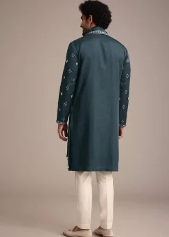 Blue Silk Blend Kurta Dupatta Set With Mirror Work