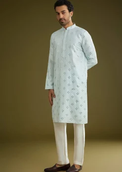 Blue Silk Blend Kurta Set With Mirror Work