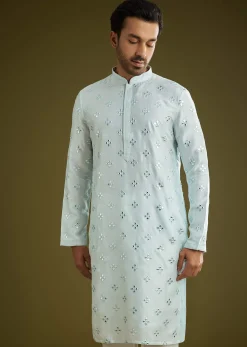 Blue Silk Blend Kurta Set With Mirror Work