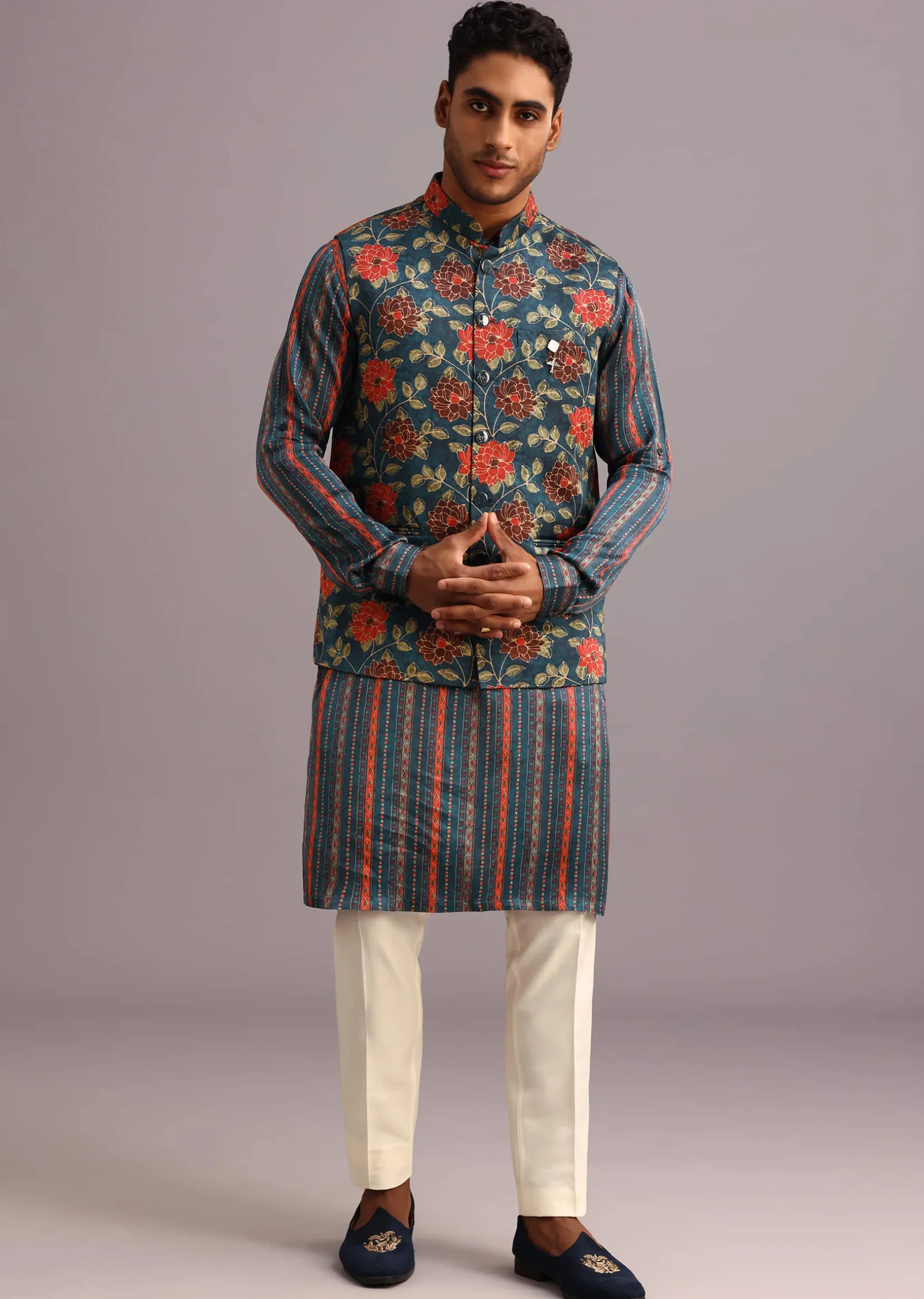 Blue Silk Floral And Stripe Print Jacket Kurta Set