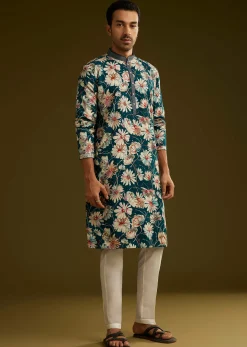 Blue Silk Floral Kurta Set With Stone Work