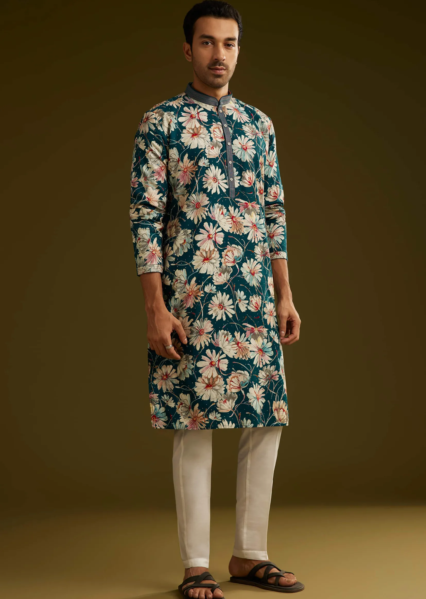 Blue Silk Floral Kurta Set With Stone Work