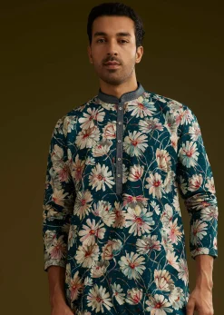 Blue Silk Floral Kurta Set With Stone Work
