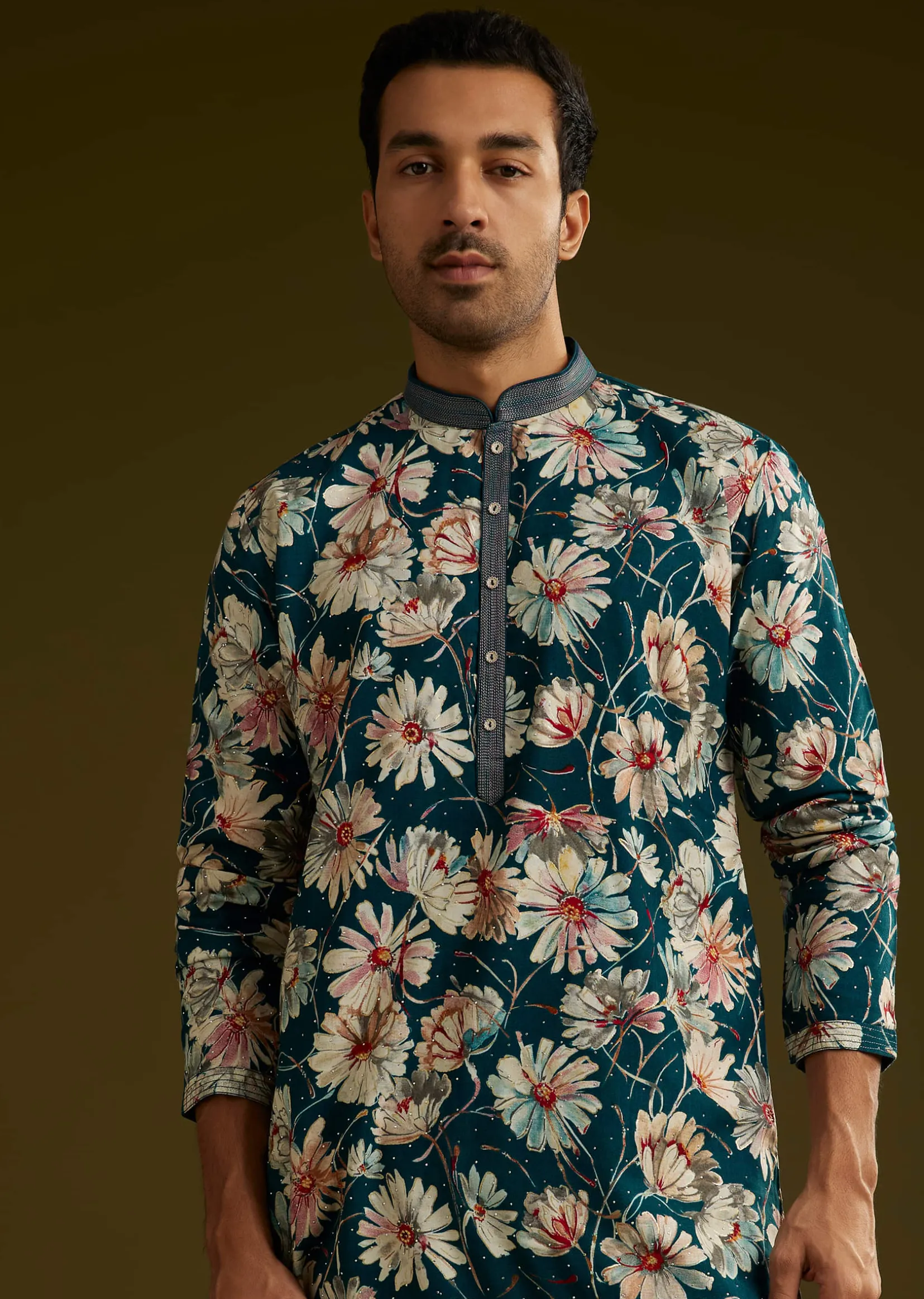 Blue Silk Floral Kurta Set With Stone Work