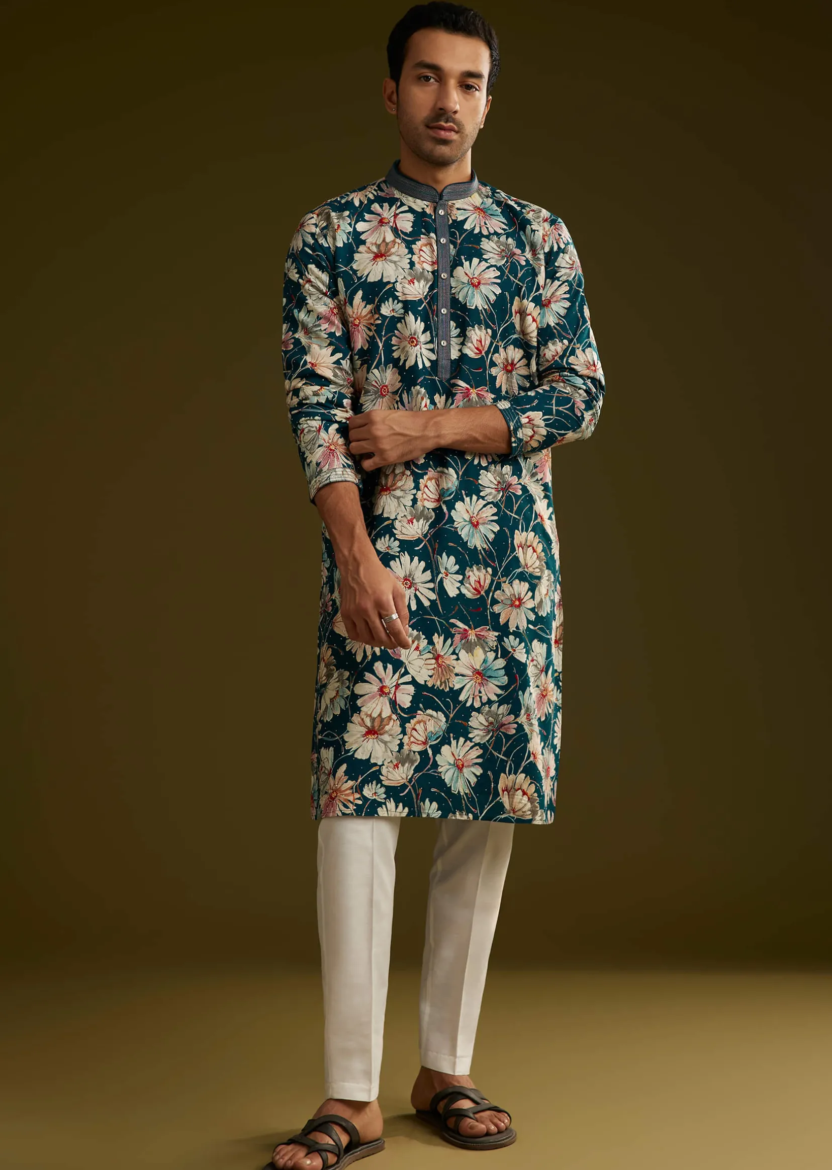 Blue Silk Floral Kurta Set With Stone Work