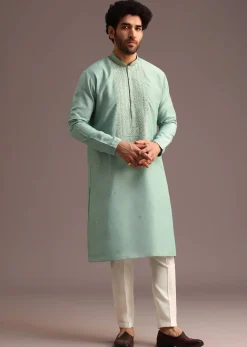 Blue Silk Hand Work Embroidered Yoke Kurta And Pant