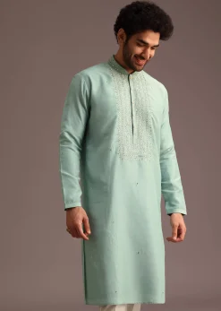Blue Silk Hand Work Embroidered Yoke Kurta And Pant