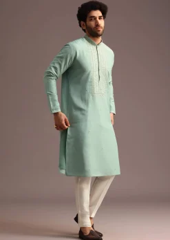 Blue Silk Hand Work Embroidered Yoke Kurta And Pant