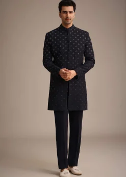 Blue Silk Indowestern Set With Cutdana Work